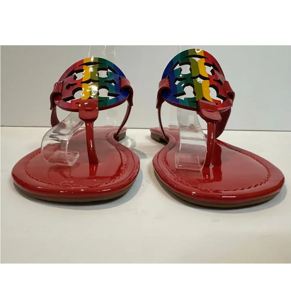 Tory Burch Miller Limited Edition Rainbow Leather Sandals Sz 9.5 Red Logo Sandal